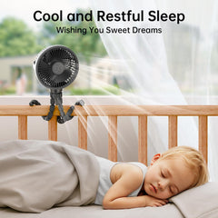 GUSGU 360-degree adjustable stroller fan directing airflow from multiple angles