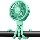 GUSGU stroller fan clip-on in green keeps baby comfortable during walks.