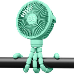 GUSGU stroller fan clip-on in green keeps baby comfortable during walks.