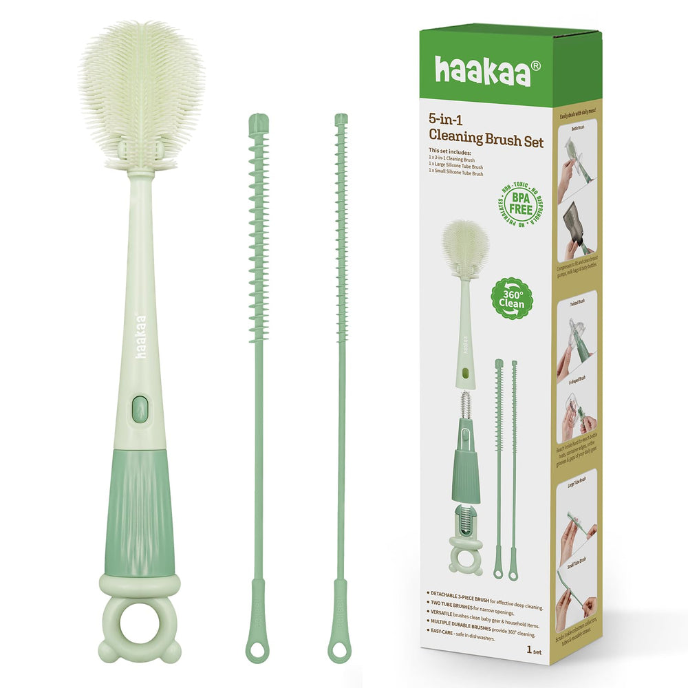 Haakaa 5-in-1 bottle brush cleans bottles thoroughly.