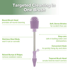 Haakaa bottle-teat cleaning brush shown on teats for detailed cleaning.
