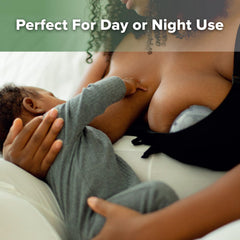 Haakaa Ladybug Milk Collector worn at night supports hands-free nursing.