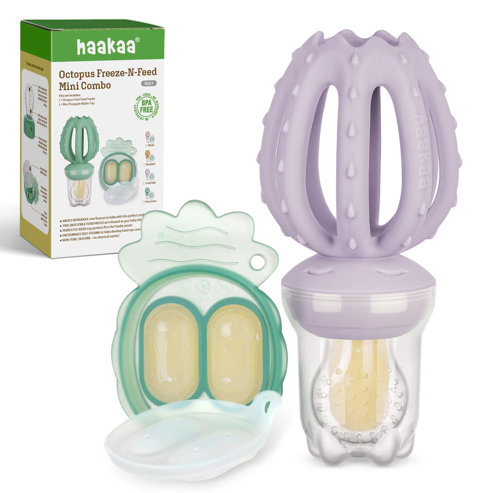 Haakaa Octopus baby fruit feeder pouch demonstrates safe, small-bite release for self-feeding.