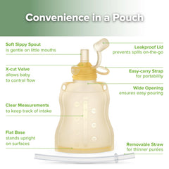 Haakaa Pouch 130ml capacity with flow-control spout encourages self-feeding.