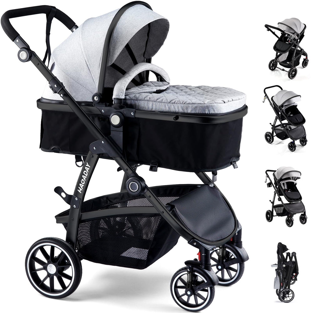 Hagaday baby stroller 2-in-1 convertible seat with reversible bassinet for face-to-face interaction.