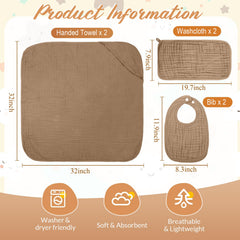 Hahafelt muslin hooded towel in beige keeps baby warm after bath.