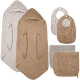 Hahafelt muslin hooded towel in brown keeps baby warm after bath.
