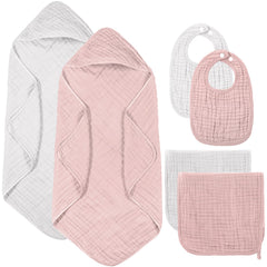 Hahafelt pink muslin hooded towel after bath keeps baby warm and dry.