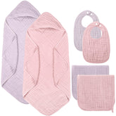 Hahafelt pink muslin hooded towel, soft and absorbent for newborn baths.
