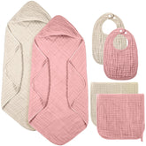 Hahafelt pink muslin hooded towel, soft and absorbent for newborns.