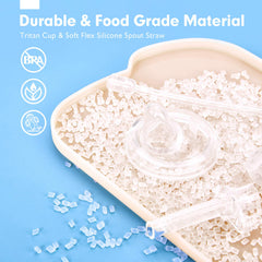 Hahaland no-spill cap keeps spout clean during on-the-go meals.