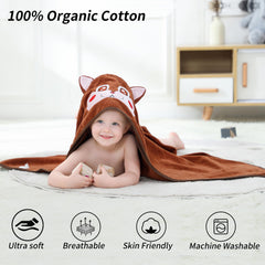 Baby wrapped in HAHASHOW hooded towel with squirrel wrap after bath