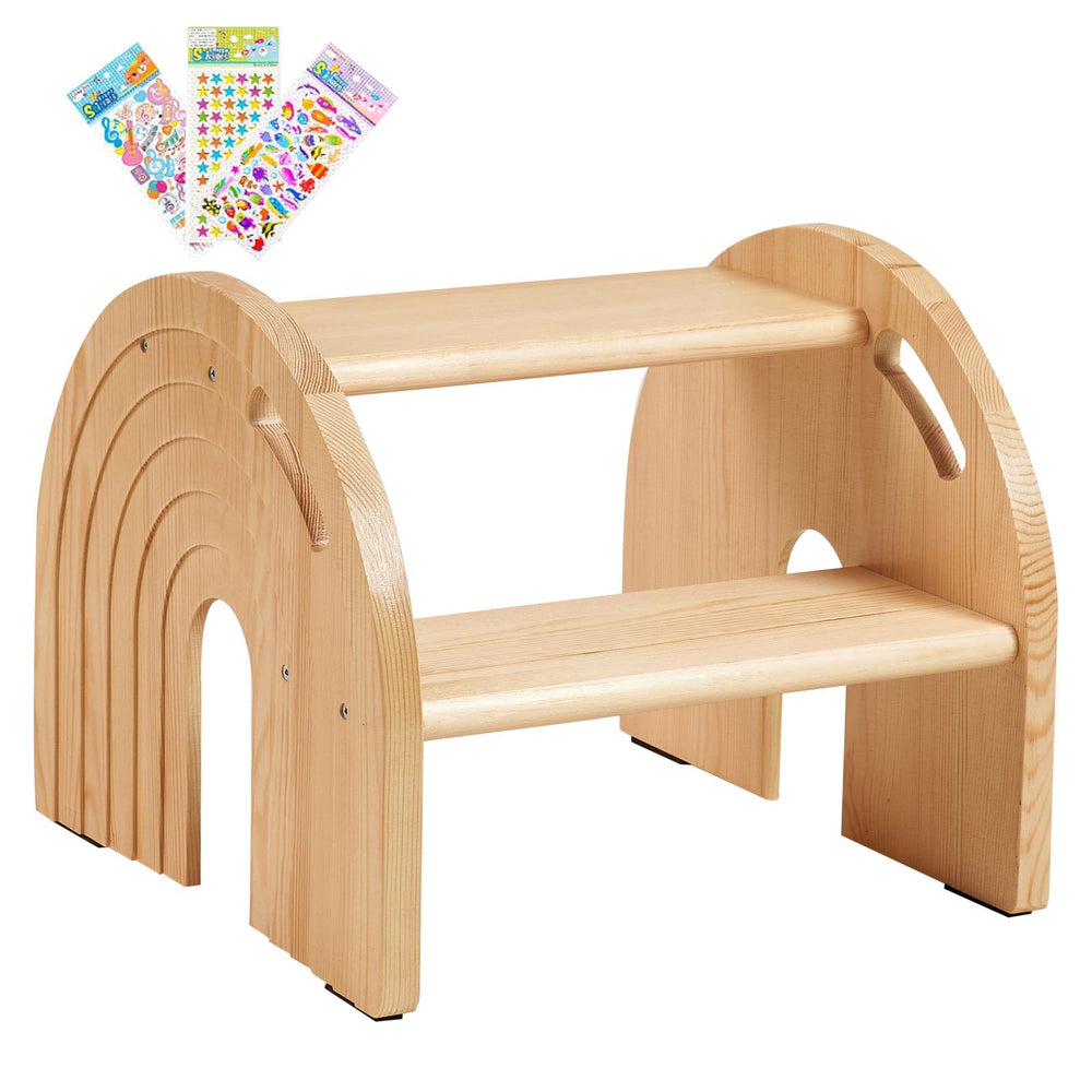 HAHASOLE rainbow toddler stool front view showing sturdy pine construction for safe standing