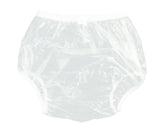 Haian X-Large pull-on plastic pants, front view in transparent white, discreet protection