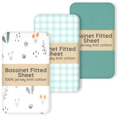 Haleeone bassinet sheets 3-pack in green pattern offering soft, breathable comfort for baby.