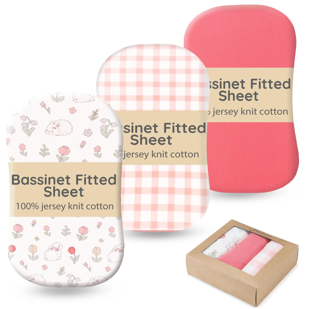 Haleeone pink 3-pack bassinet sheets in ultra-soft jersey cotton for gentle baby comfort.