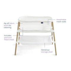 Halo BassiNest Essential Sleeper mesh sides enable visibility and airflow for peaceful naps.