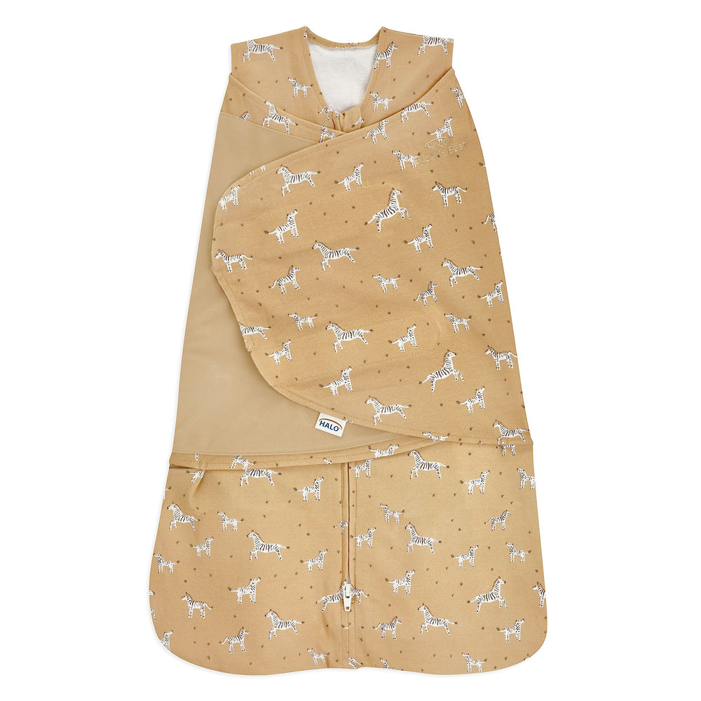 Halo Serengeti Zebra Sleepsack on baby in crib offering cozy cotton comfort
