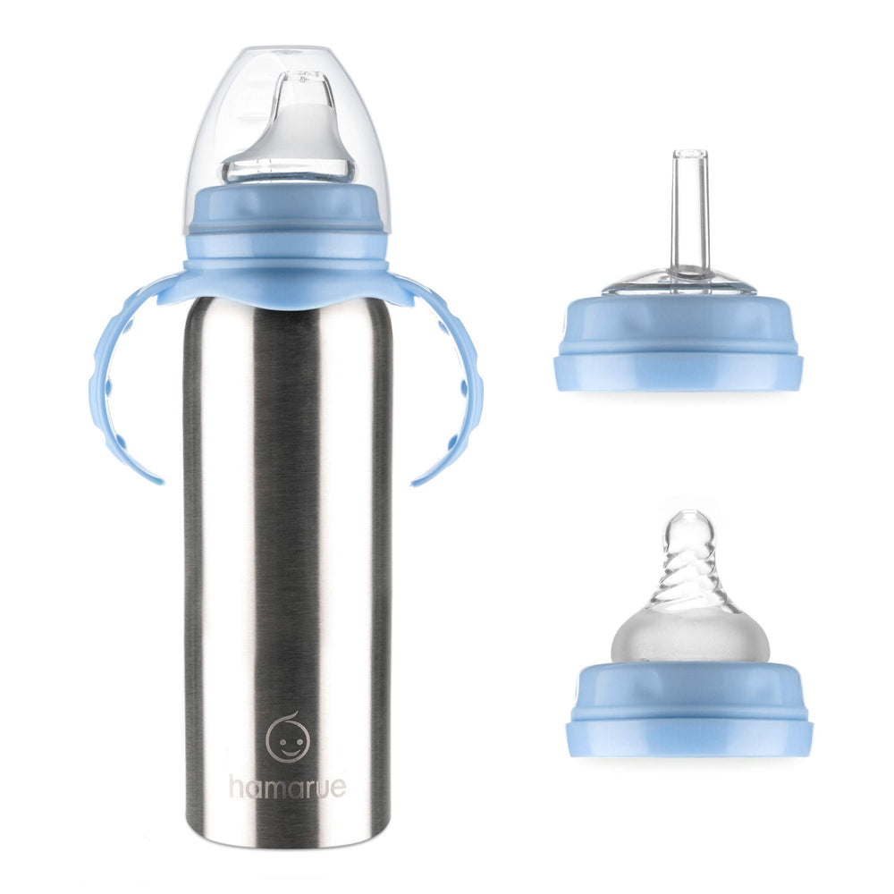 Hamarue 3-in-1 stainless steel sippy blue with straw for on-the-go toddlers.
