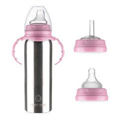 Hamarue 3-in-1 sippy cup in pink with stainless steel body for growing toddlers.