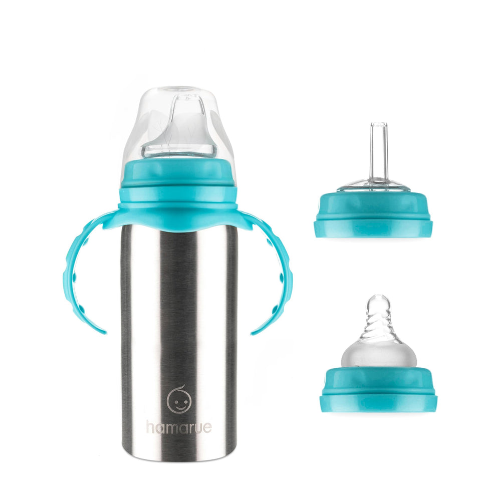 Hamarue 3-in-1 teal stainless steel sippy cup base, insulated and leak-proof
