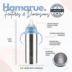 Hamarue insulated stainless steel baby bottle blue keeps drinks warm or cold.