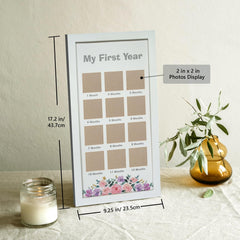 HAMUIERS First Year Frame card-detail showcases the gray My First Year with decorative flowers.