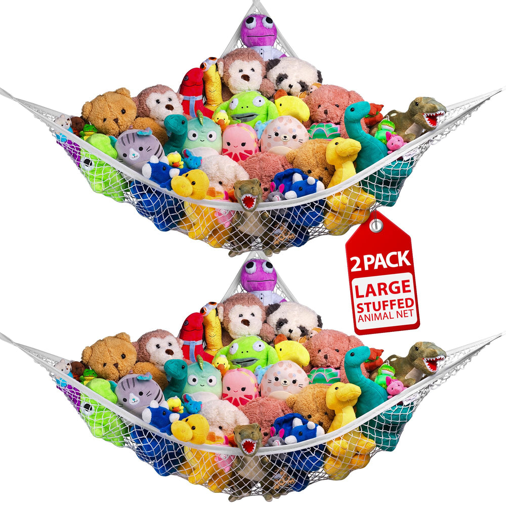 Handy Laundry stuffed animal hammock corner net installed in a kid's room, saving floor space.