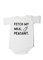 HandyKnitArt fetch milk bodysuit front view, playful design for baby shower photos.
