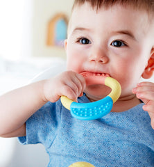 Hape teether ring with multi-textured surfaces for comfort