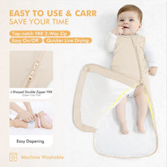 HAPIU baby wearing sleep sack shows roomy length for kicking yet secure fit.