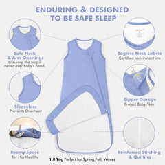 Toddler wearing HAPIU Moonlight Blue sleep sack for all-season warmth