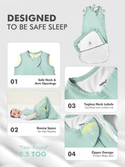 HAPIU Sage unisex sleep sack promotes comfort and year-round warmth.