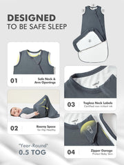 HAPIU sleep sack safety features including zipper guard and properly sized openings.