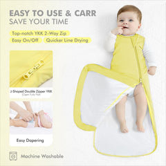 HAPIU wearable blanket on baby demonstrates soft bamboo fabric and room to grow