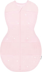 Happiest Baby Sleepea rose-stars swaddle close-up in organic cotton with escape-proof Velcro.