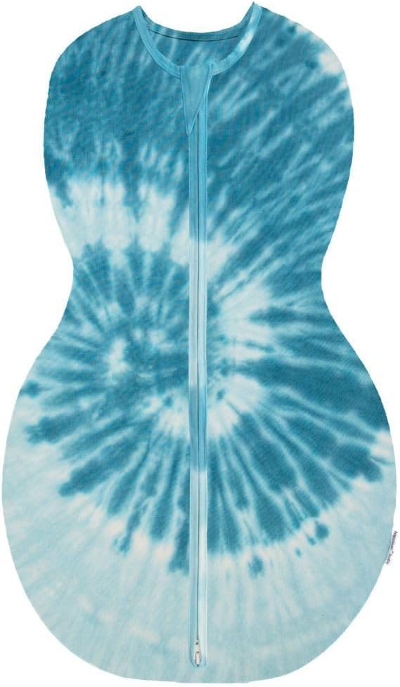 Happiest Baby Sleepea front view with tie-dye blue fabric for comfortable newborn sleep.