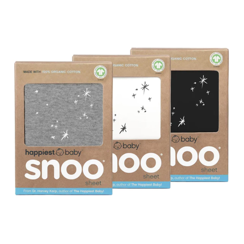 Happiest Baby SNOO bassinet fitted sheet 3-pack in white, grey, and black for breathable organic cotton comfort.