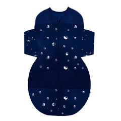 Happiest Baby SNOO Sleep Sack front view in midnight planets fabric with secure swaddle.