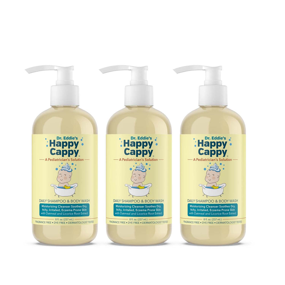 Happy Cappy baby shampoo bottle highlighting fragrance-free formula for sensitive skin.