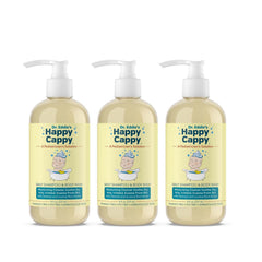 Happy Cappy baby shampoo bottle highlighting fragrance-free formula for sensitive skin.