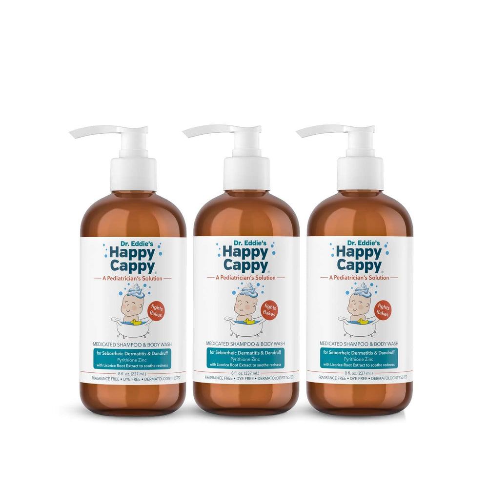 Happy Cappy Dr. Eddie's Medicated Shampoo bottle highlights fragrance-free formula for sensitive scalps