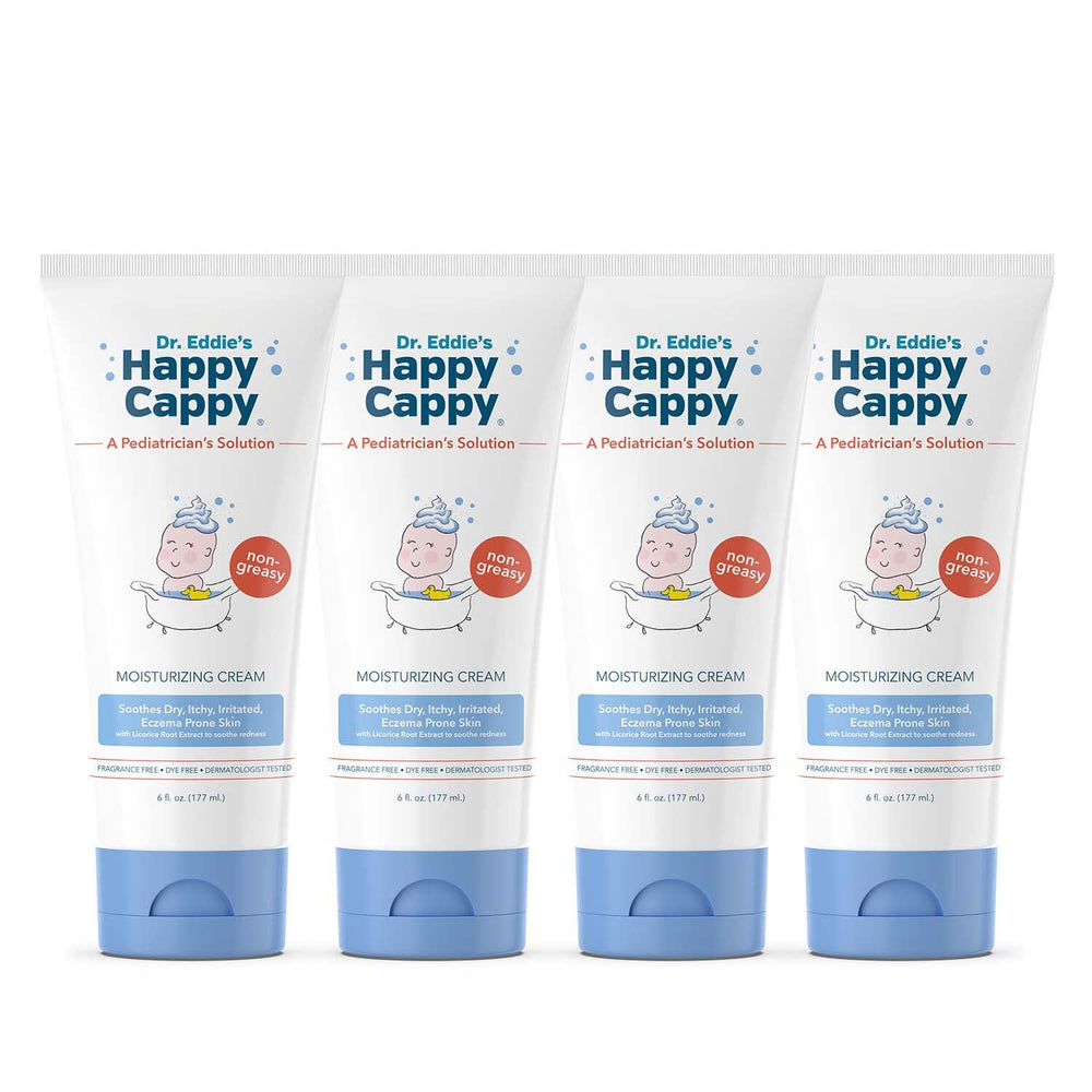 Happy Cappy Moisturizing Cream bottle front, gentle pediatrician-formulated care for sensitive kid skin