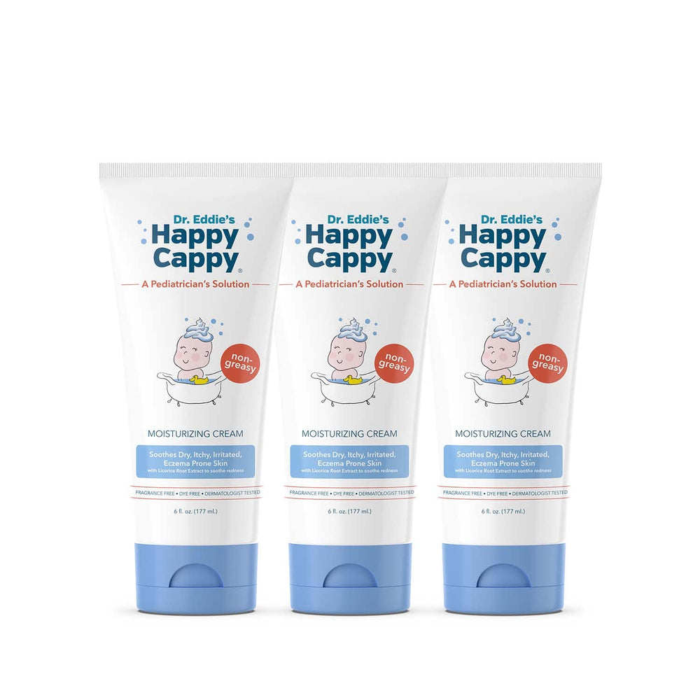 Happy Cappy Moisturizing Cream label closeup highlighting fragrance-free, gentle formula.