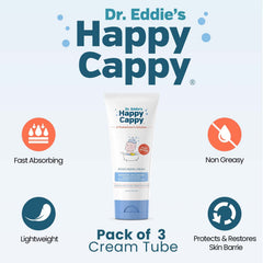 Happy Cappy moisturizing cream packaging with four bottles highlights family-friendly eczema support
