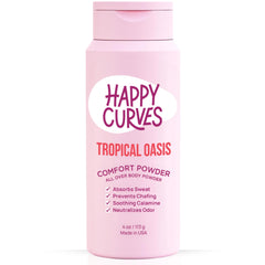 Happy Curves Comfort Powder jar front with talc-free formula for daily dryness