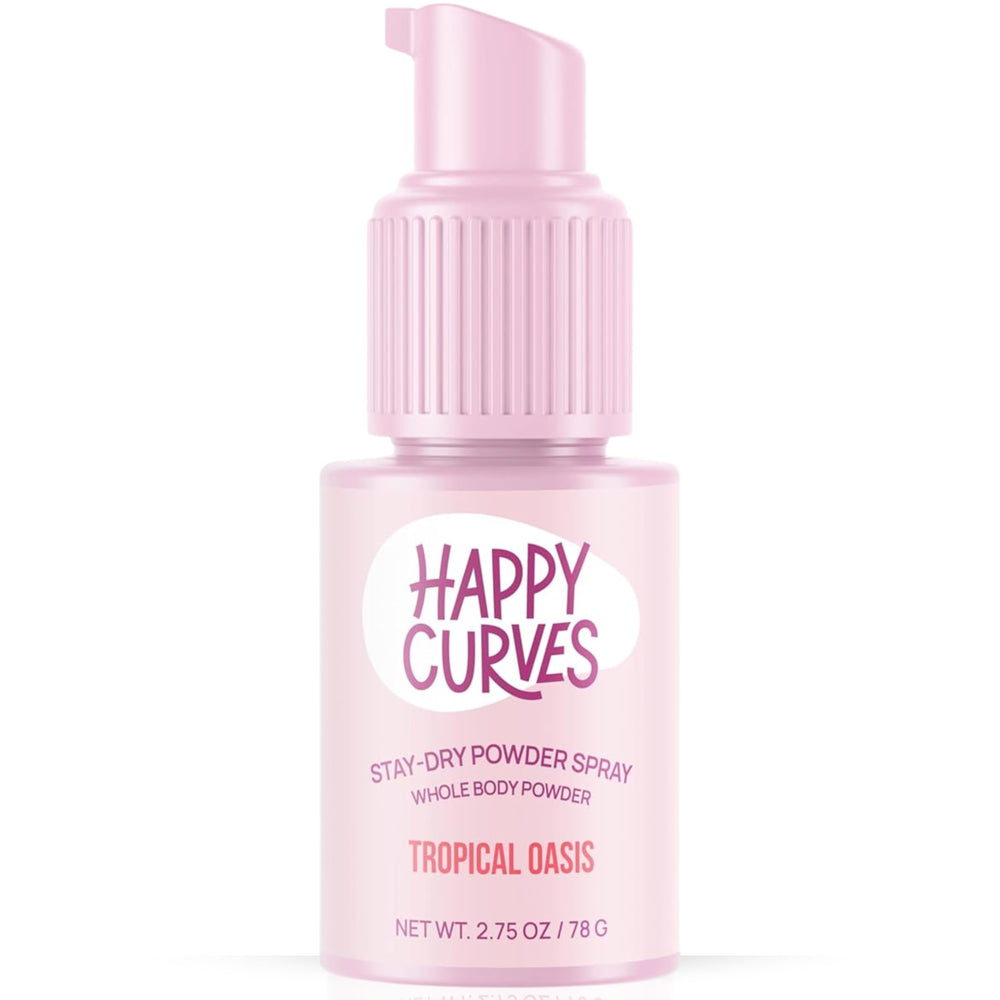 Happy Curves Stay Dry Powder Spray bottle for quick dry touch-ups to reduce chafing during workouts.