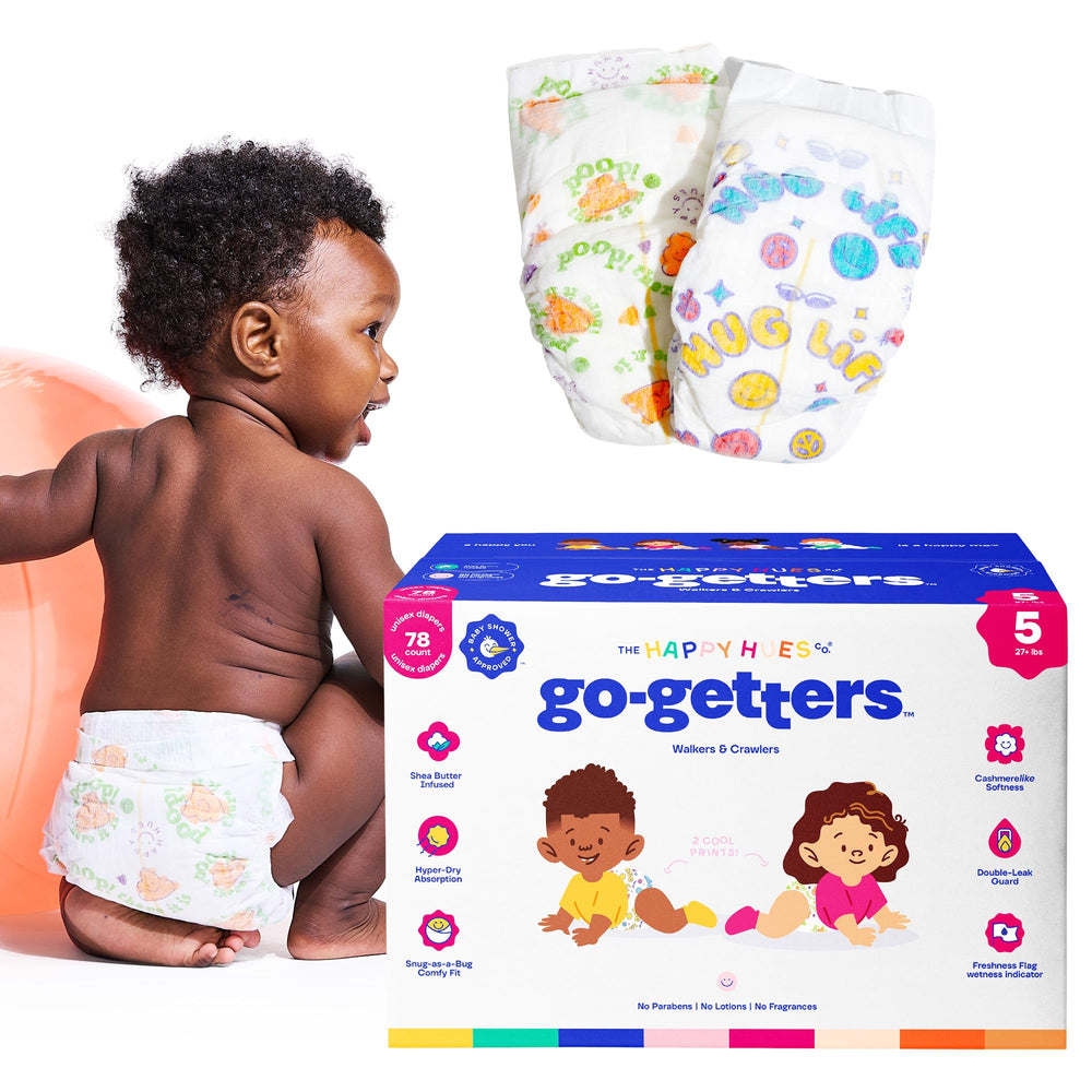 The Happy Hues Go-Getters diaper with Shea Butter top sheet offers gentle comfort.