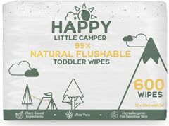 Happy Little Camper natural flushable wipes pack front, ideal for on-the-go cleanups.