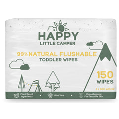 Happy Little Camper natural flushable wipes pack, unscented and gentle for sensitive skin.